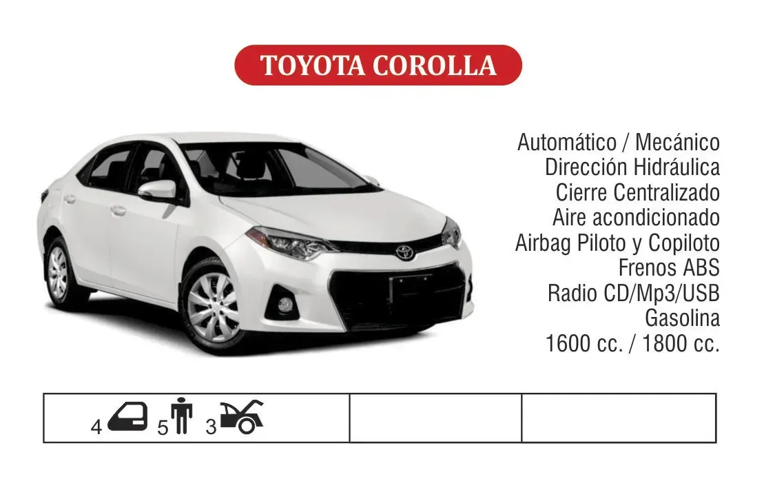 Anuncio del Toyota Corolla sedán blanco con lista de características en español y banner de título rojo.