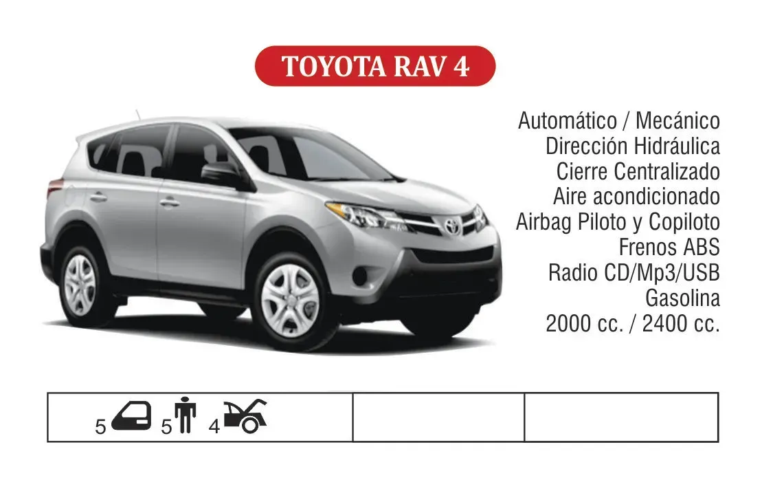 Toyota Rav4 SUV plateado sobre fondo blanco con lista de características y etiqueta roja TOYOTA RAV 4