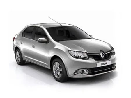 Sedán Renault plateado sobre fondo blanco, mostrado en vista frontal de tres cuartos.