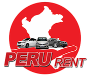Logotipo de Peru Rent con círculo rojo, silueta blanca de Perú y tres coches