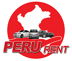 Logotipo de Peru Rent con c&iacute;rculo rojo, silueta blanca de Per&uacute; y tres coches