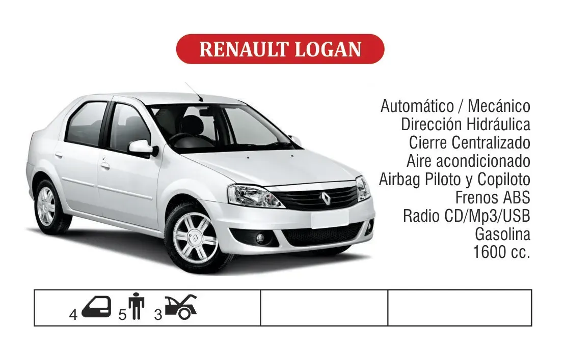 Anuncio de un sedán Renault Logan blanco con texto destacado en español sobre fondo blanco.