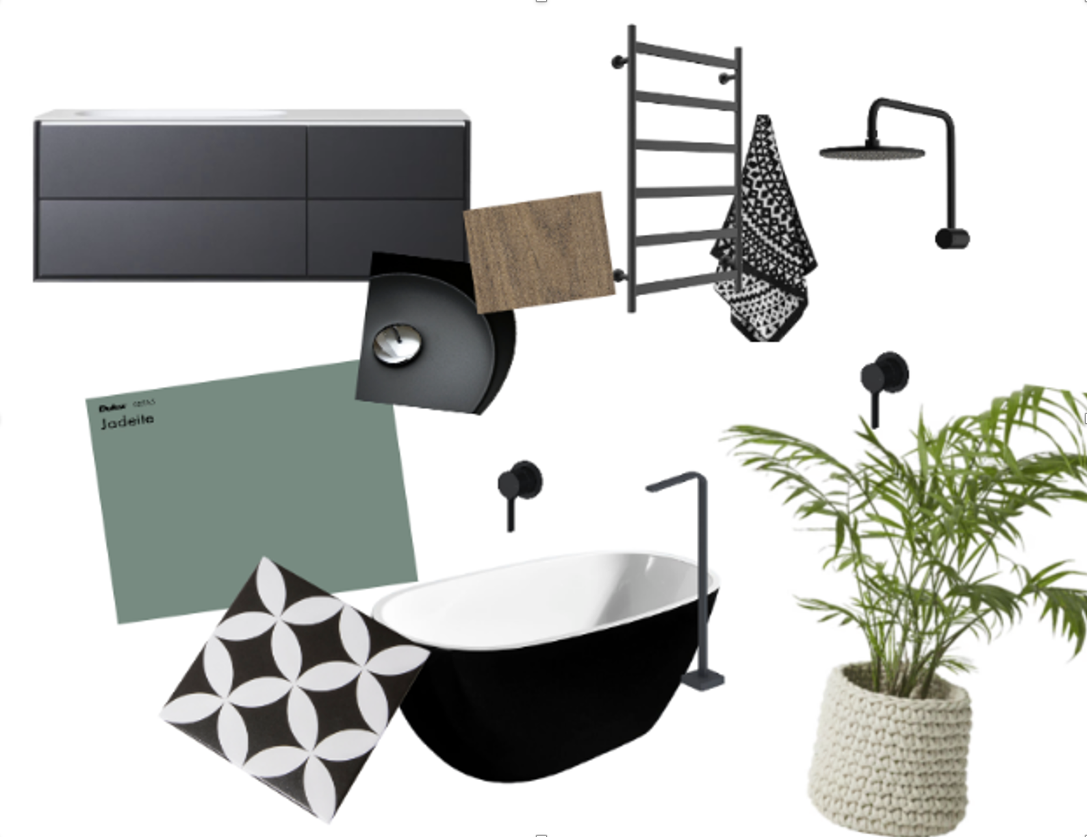 Bathroom mood board: black and white elements, green wall color, potted plant, black fixtures. — Ausplumb NT in Winnellie, NT