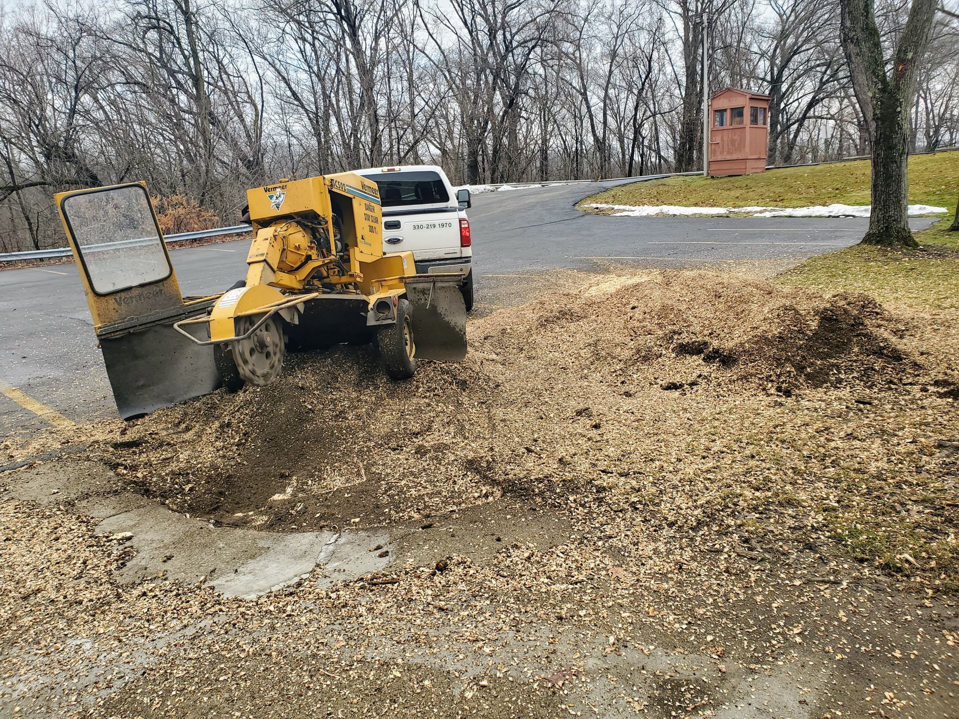 Yellow stump grinder creating wood chips on asphalt. A white truck is parked nearby.