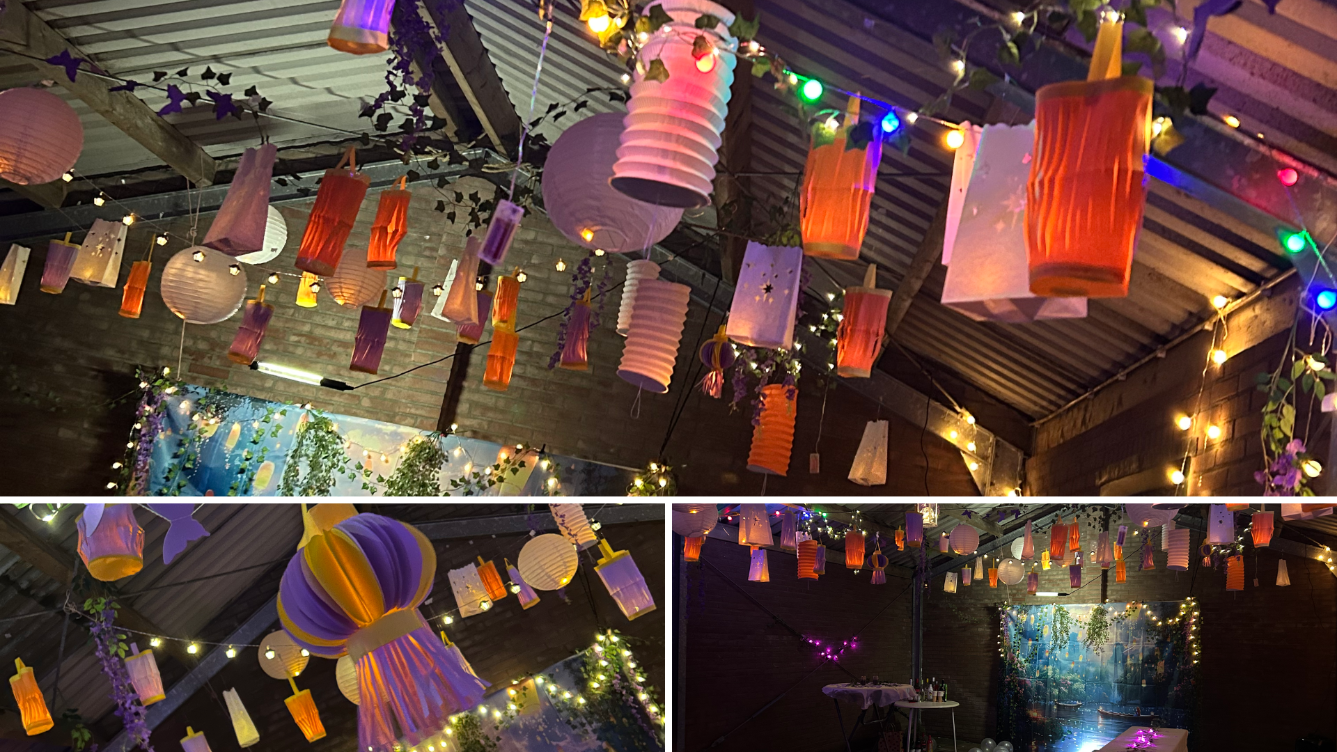 Een aantal lantaarns hangend aan het plafond voor een themafeest.