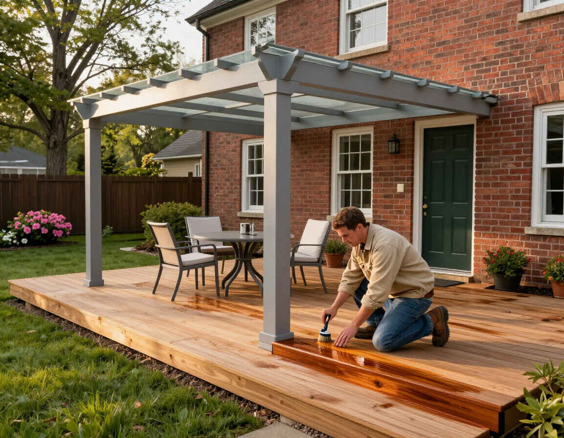 Man staining a wooden deck beside a brick house with a pergola in Chesapeake, VA