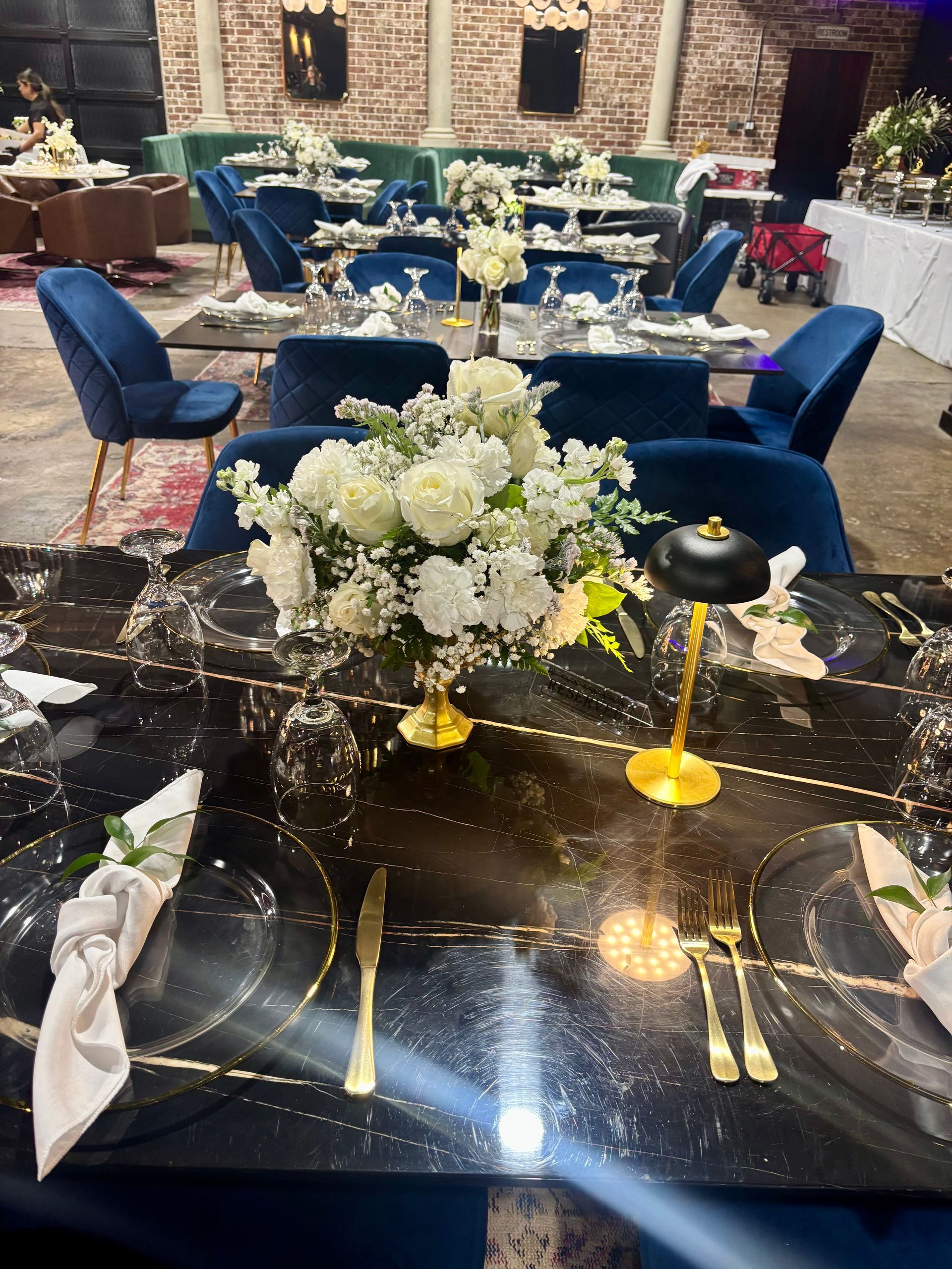 white wedding reception flowers
