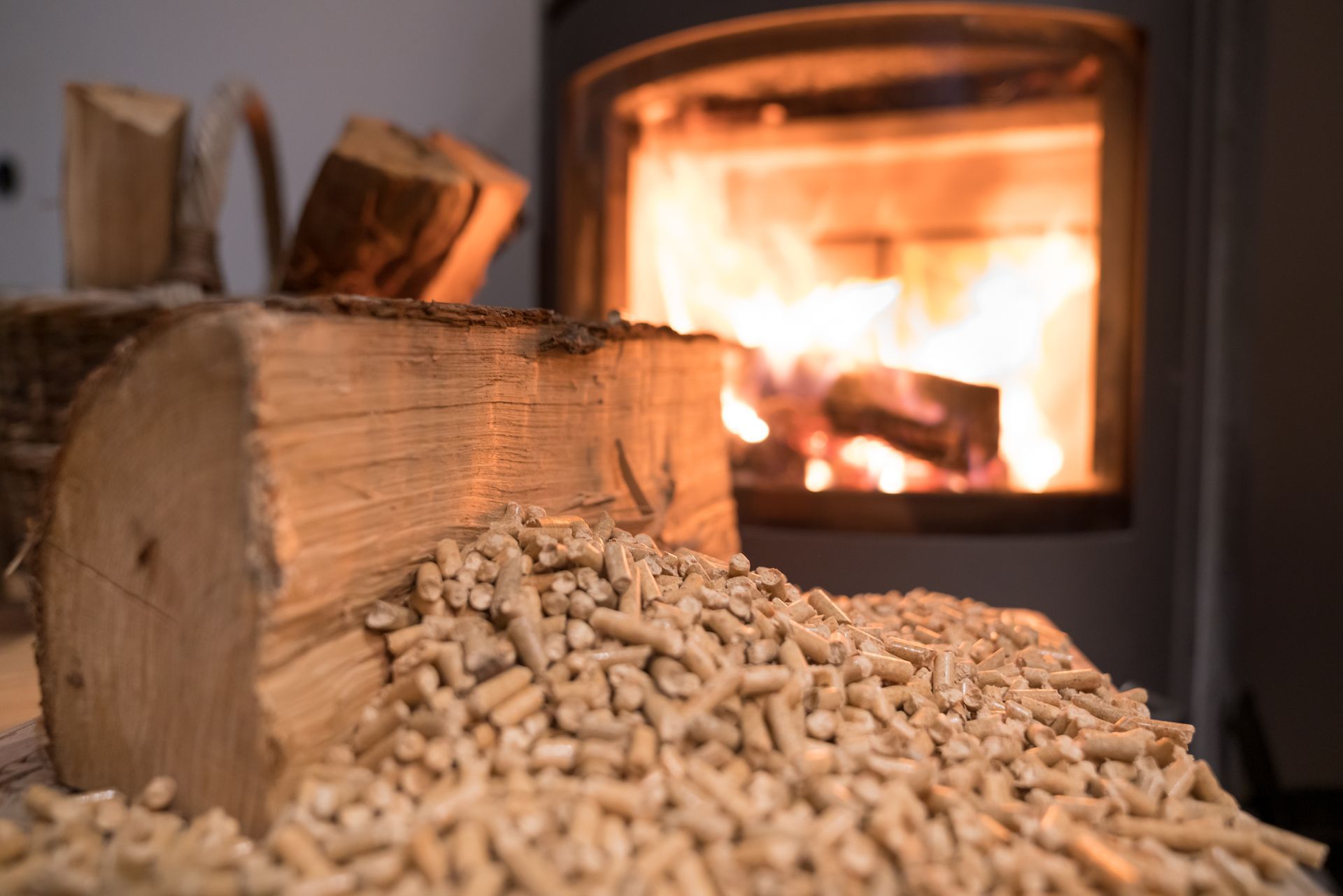 Wood pellets and a wood log in front of a burning fireplace.