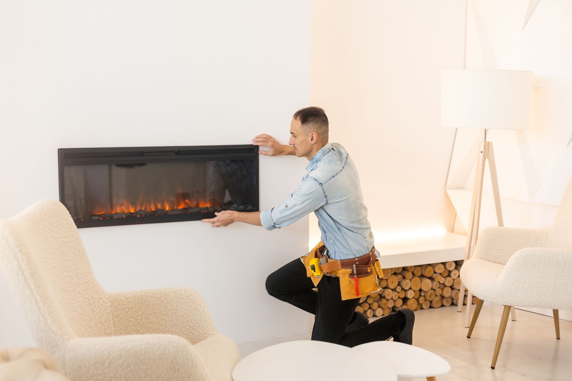 Man installs a fireplace in a modern living room, wearing a tool belt.