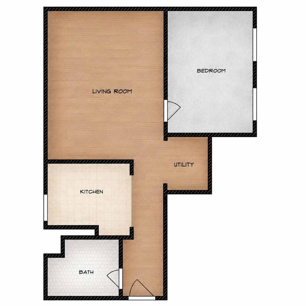 Simple house floor plan with labeled living room, bedroom, kitchen, bath, and utility rooms.