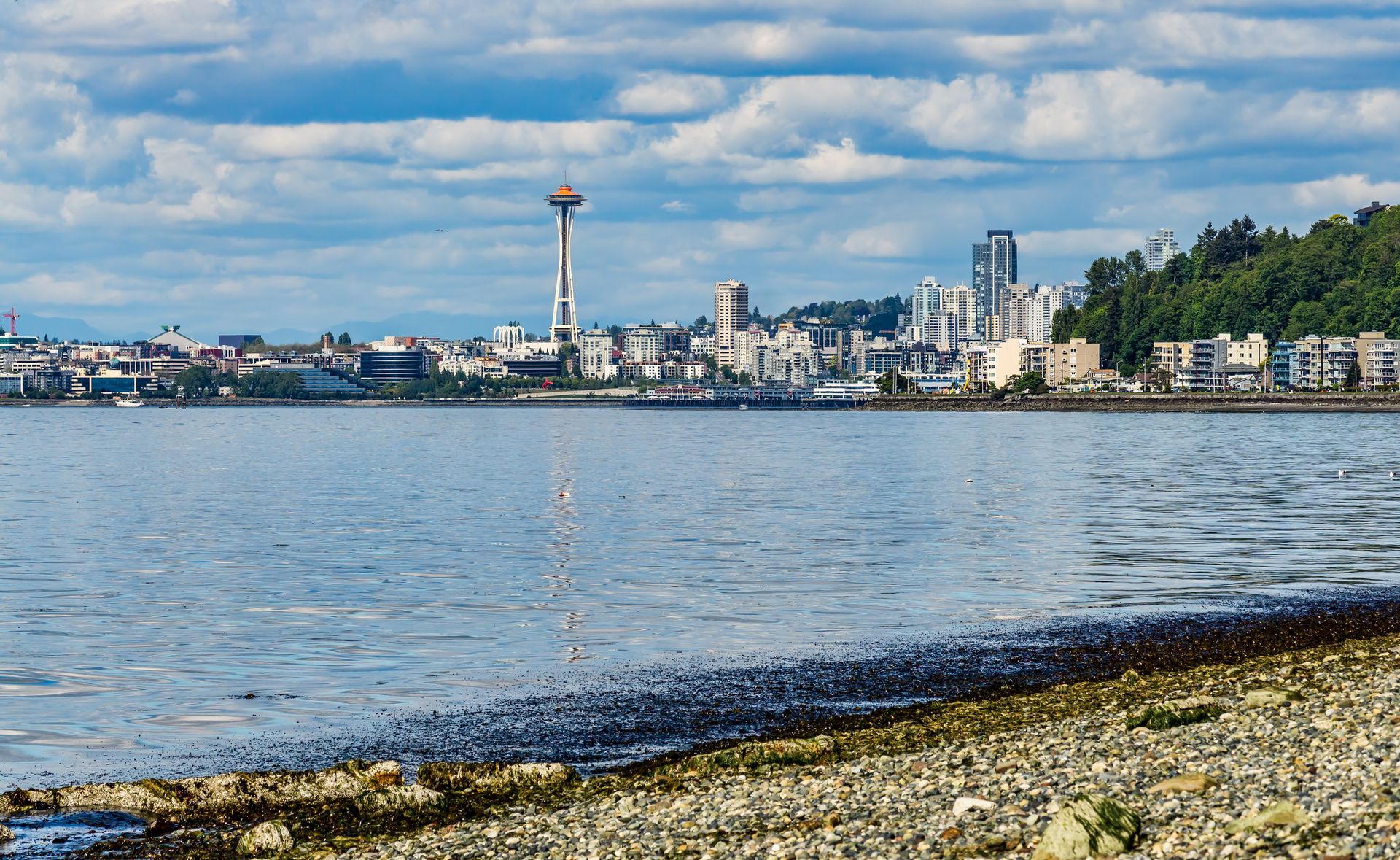 Seattle waterfront skyline with the Space Needle across calm water under a cloudy blue sky