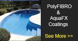 a picture of a swimming pool next to a sign that says polyfibro & aquafx coatings.