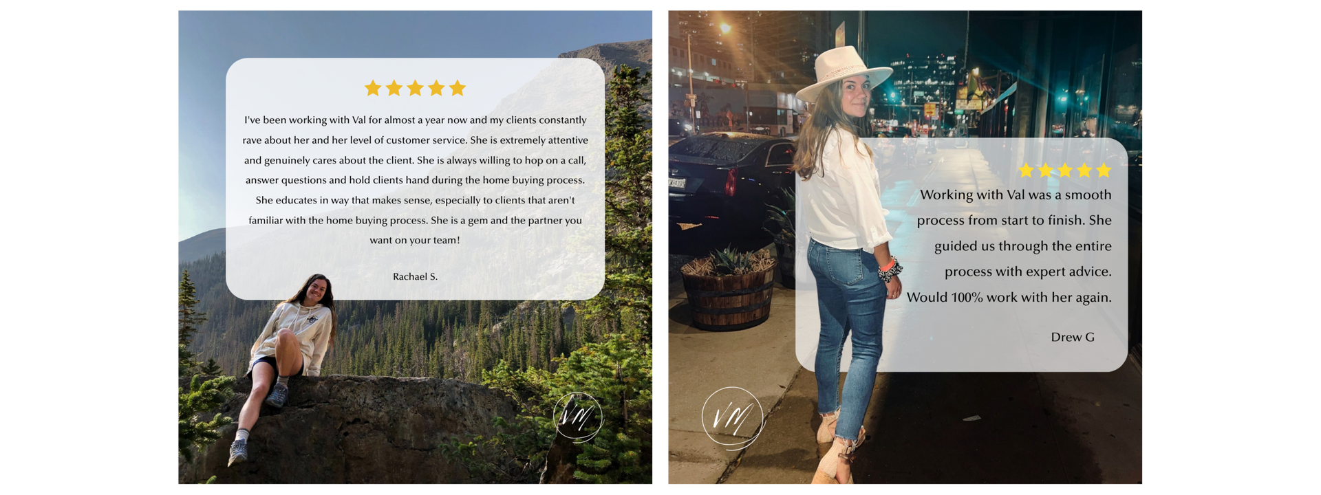 Two images: A woman on a mountain with a review. Another image of woman in a bar. Both have reviews on top.