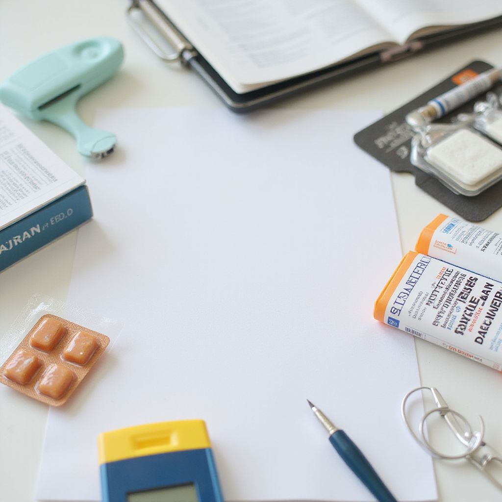 Desk with blank paper, medical supplies, pen, and notebook.