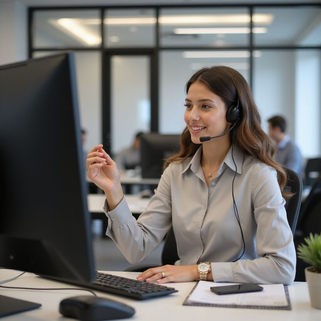 Woman wearing headset, smiling, using computer in office.