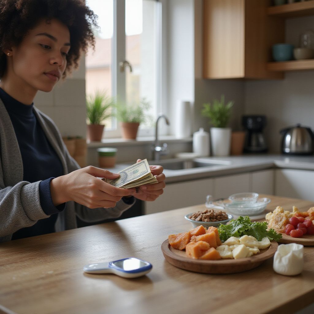 Woman counting money in a kitchen, with snacks on a table.