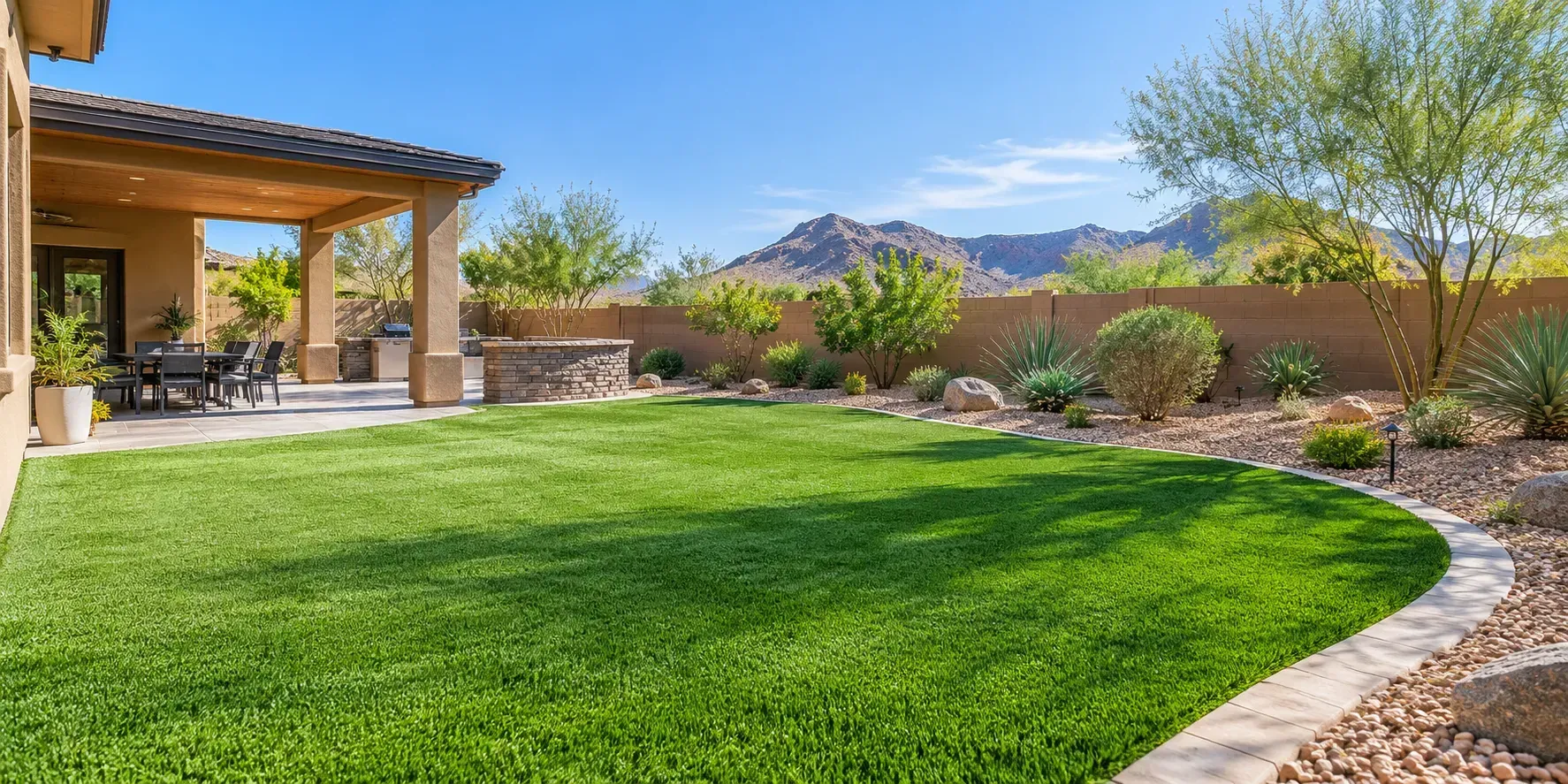 Pristine green artificial turf lawn in a Henderson backyard surrounded by desert landscaping, a covered patio, drought-tolerant plants, and mountain views.