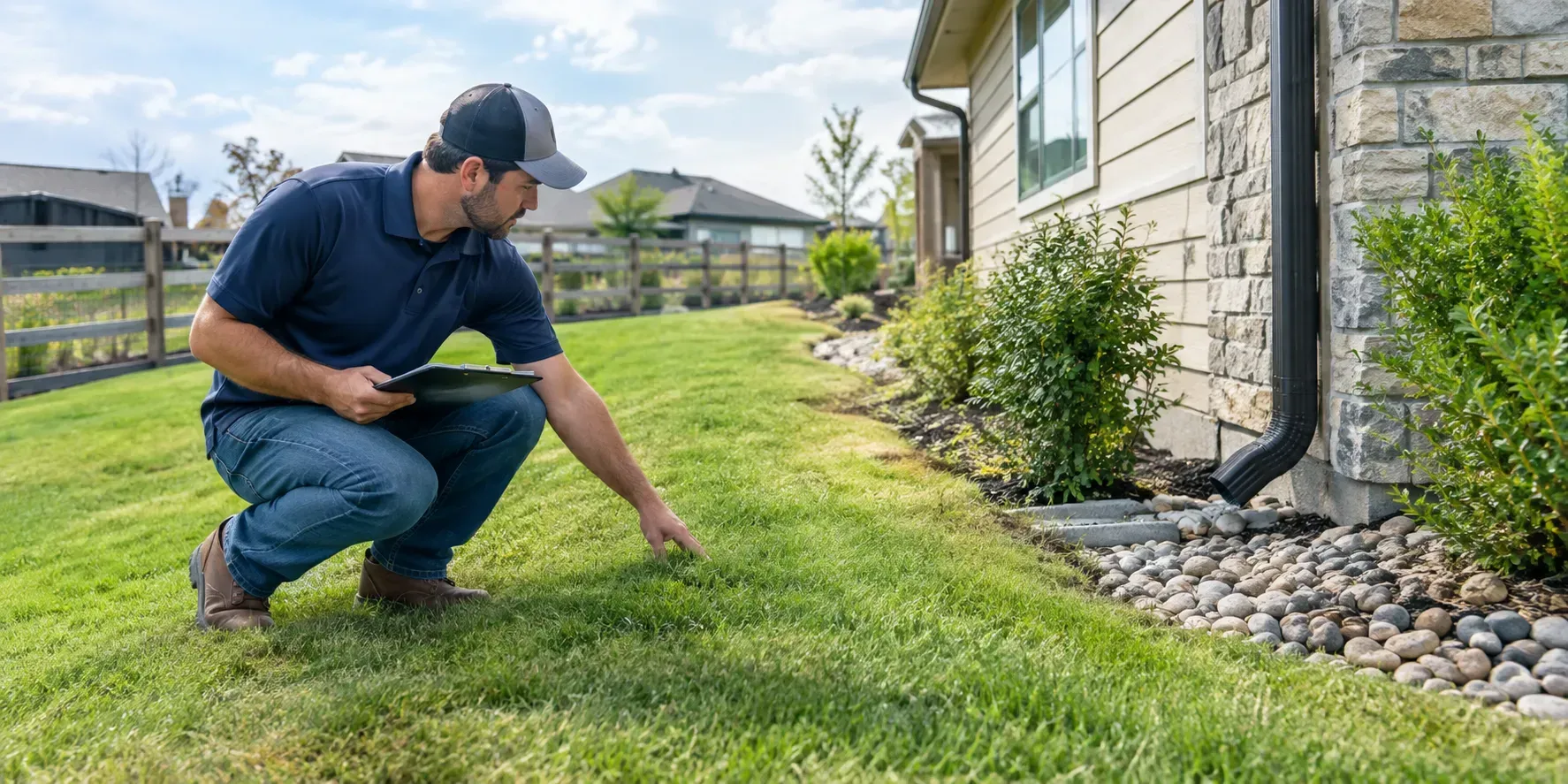 Contractor inspecting a residential yard to assess drainage and plan proper water flow.
