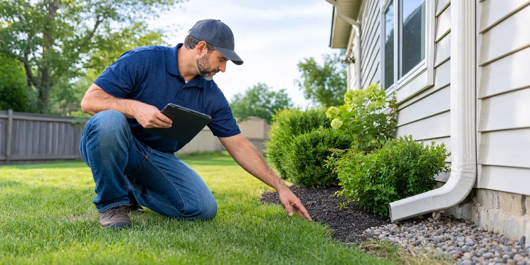 Contractor inspecting a residential yard to plan proper drainage and water flow efficiently.