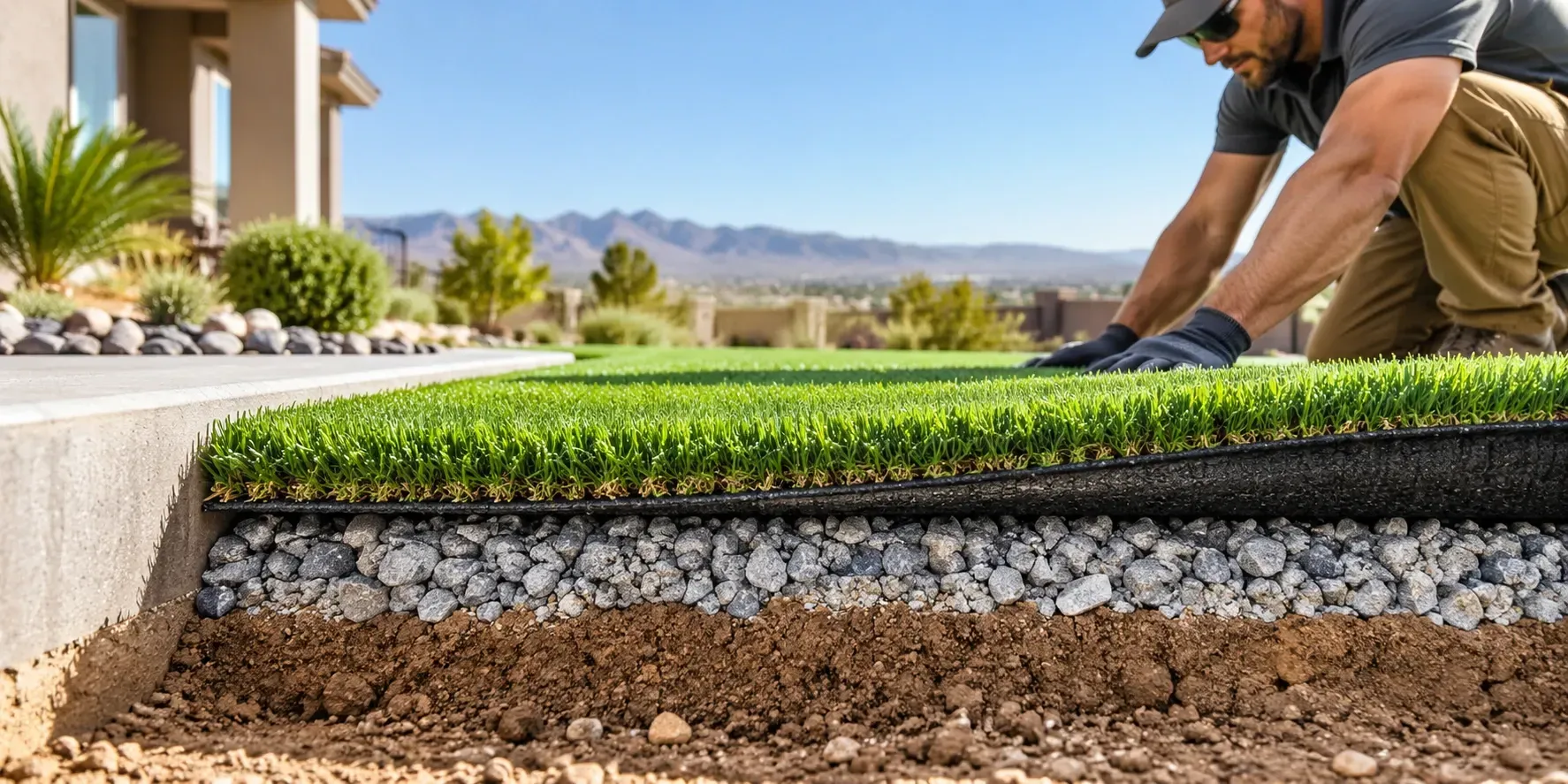 Artificial turf installed over a crushed rock drainage base, showing the layered ground structure in a landscaped backyard.