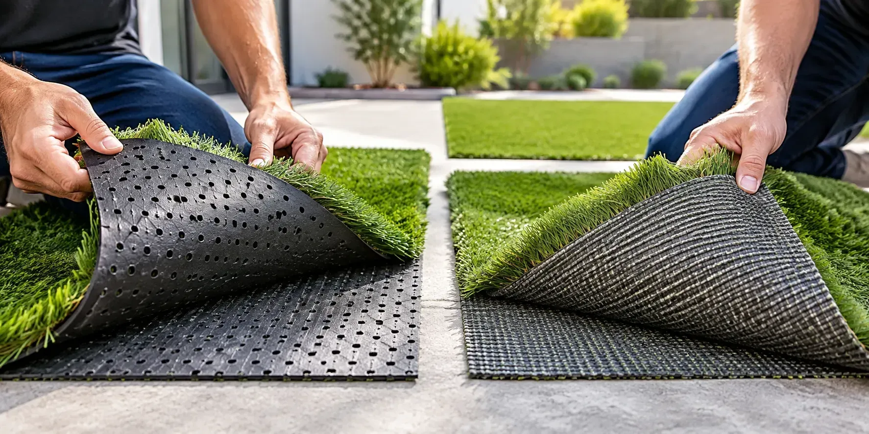 Artificial turf samples showing hole-punched urethane backing compared with fully permeable woven backing.