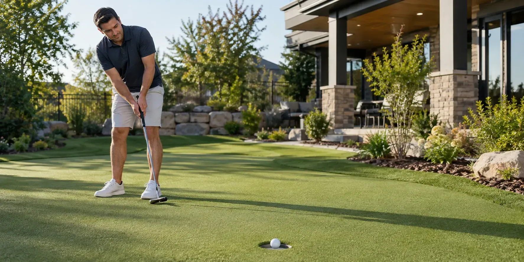 Golfer putting a ball into the cup on a custom backyard putting green beside a modern landscaped home.
