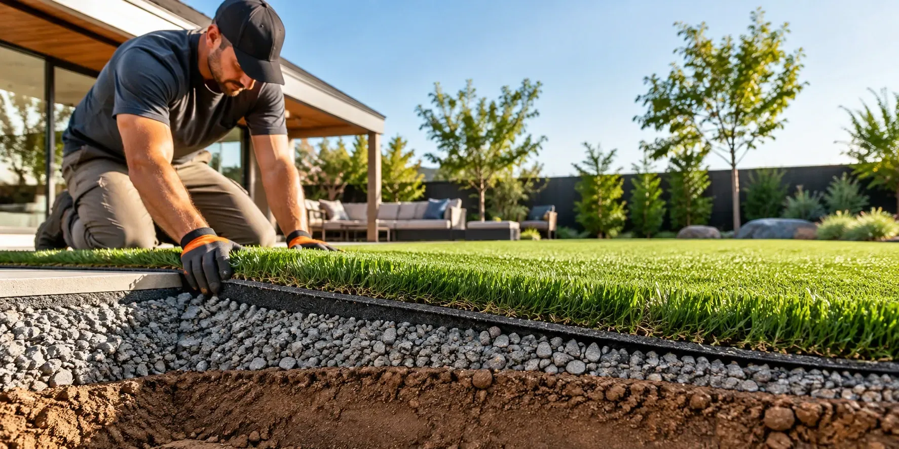 Artificial turf layers over crushed rock drainage base for backyard turf installation work