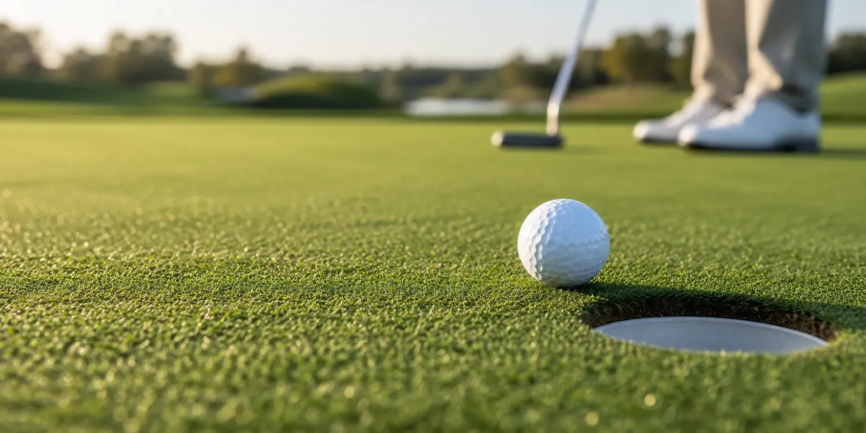 Close-up of a golf ball resting beside a cup on high-quality synthetic putting turf.