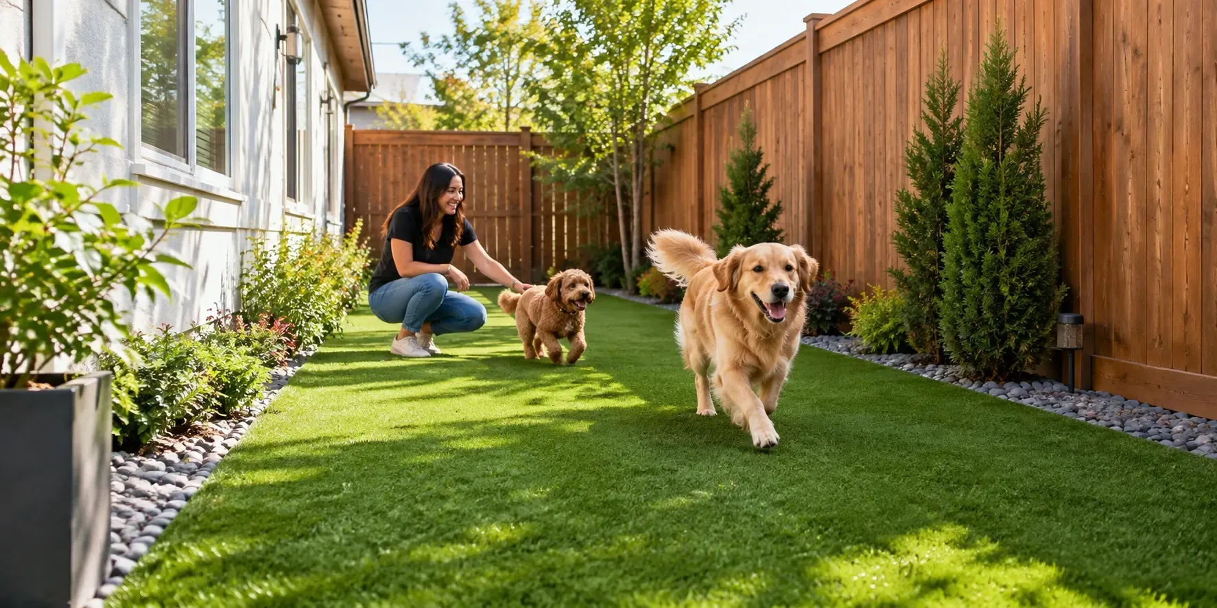 Fenced side yard with freshly installed artificial grass where two dogs play with their owner in a clean, landscaped outdoor space.