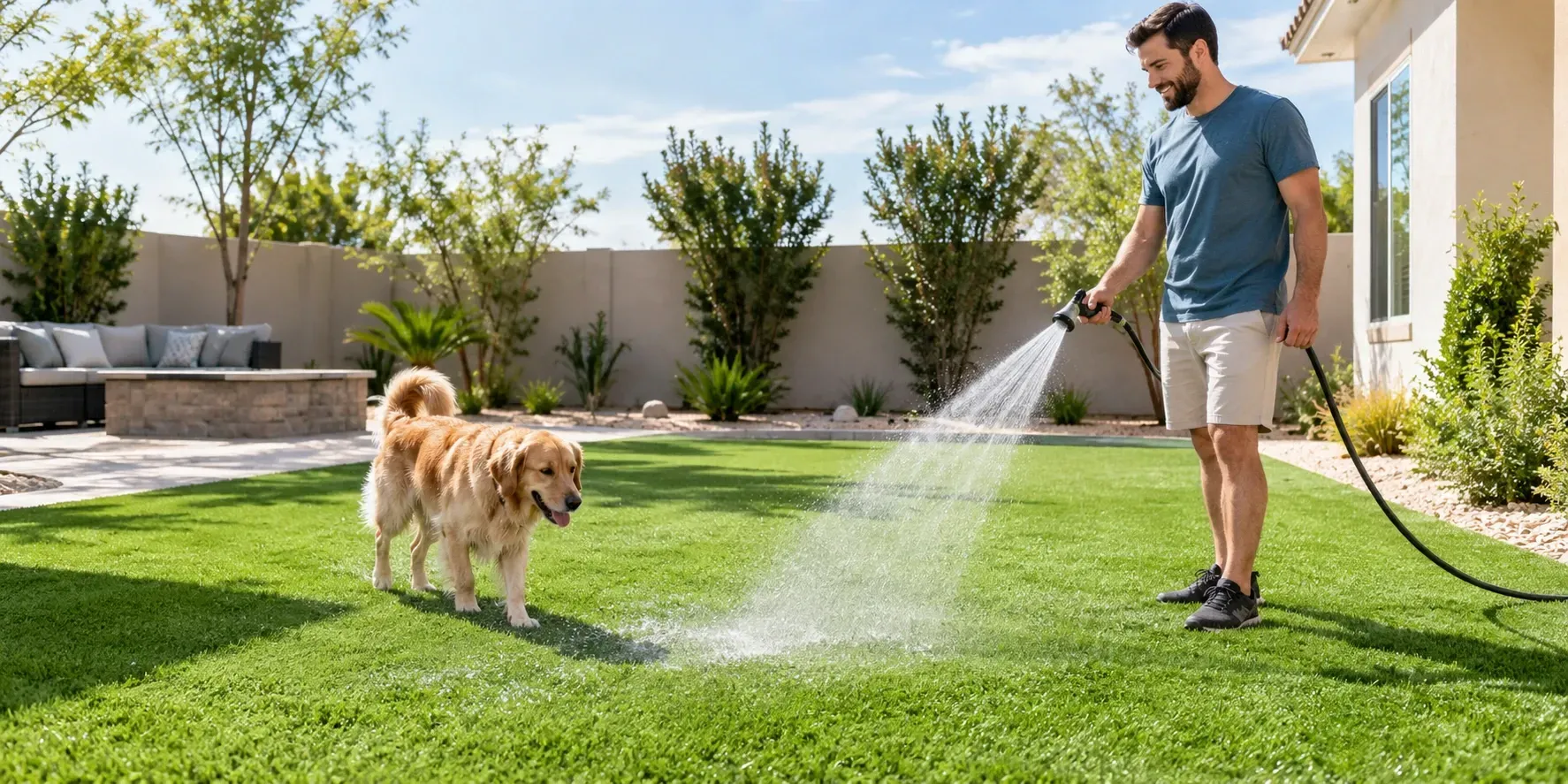 Homeowner hosing down bright green synthetic pet grass in a sunny backyard while a golden retriever stands nearby.