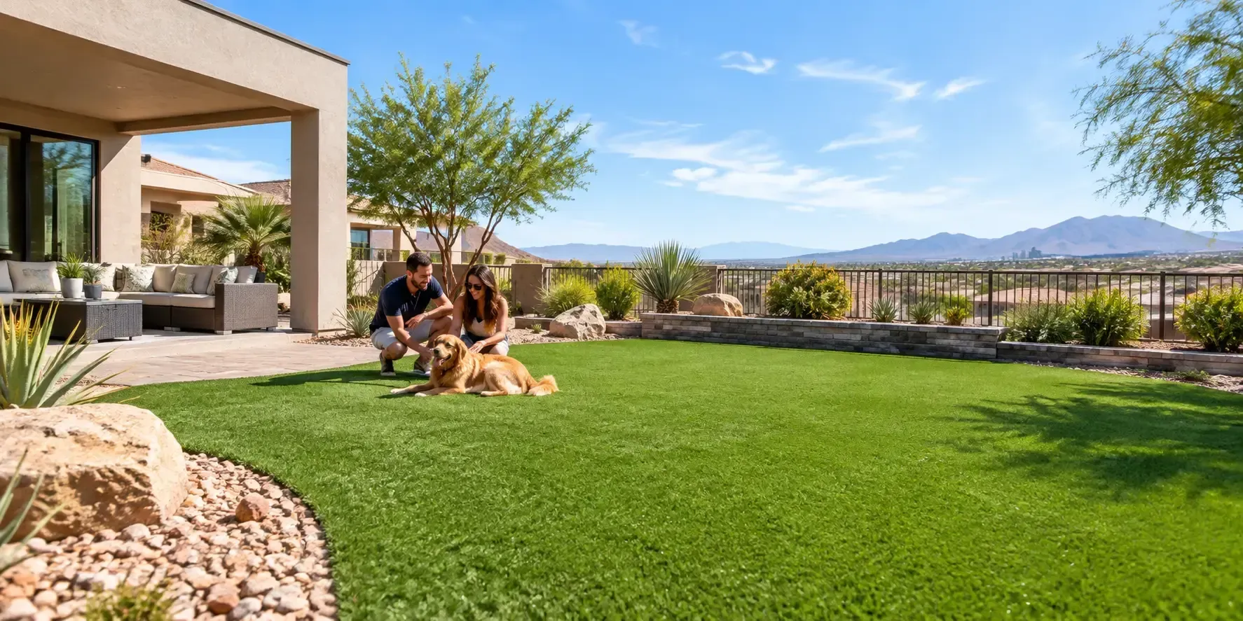 Beautifully installed artificial turf lawn in a Henderson residential backyard with desert landscaping, native plants, patio, and a couple with their dog.