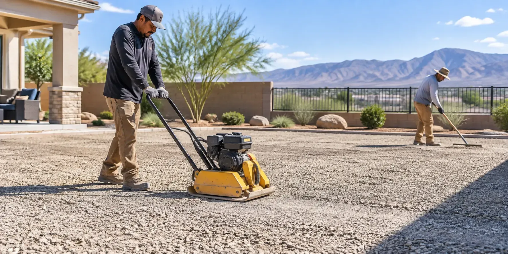 Crew operating a vibratory plate compactor on crushed rock during artificial turf base preparation in a landscaped residential backyard.