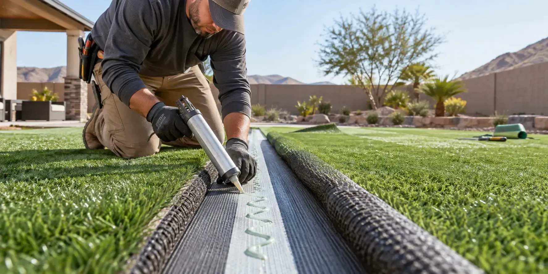 Artificial turf installer applying adhesive to seaming tape to join two sections of artificial grass in a residential backyard.