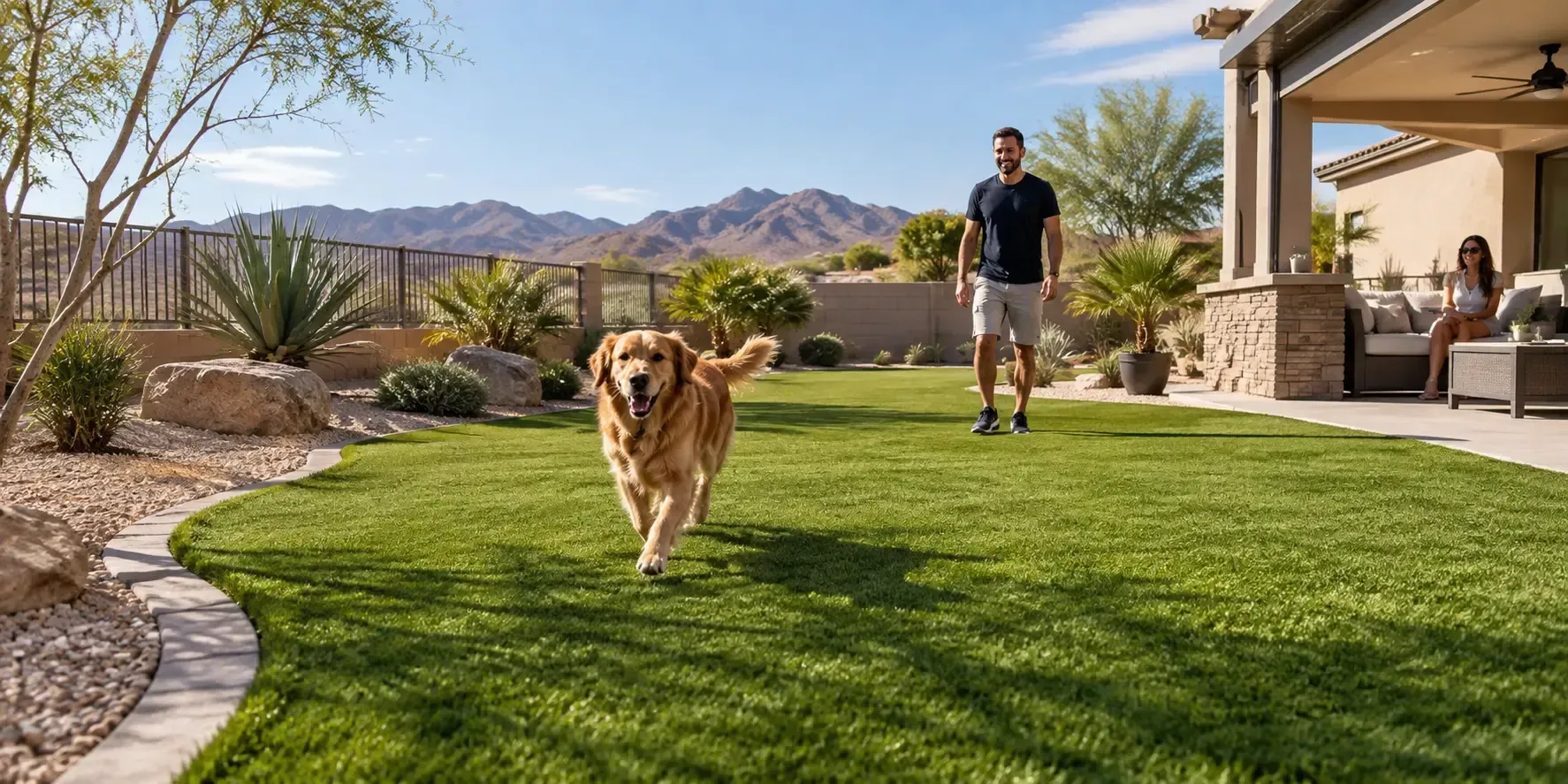 Artificial turf lawn in a Henderson backyard with desert landscaping, dog, and mountains.