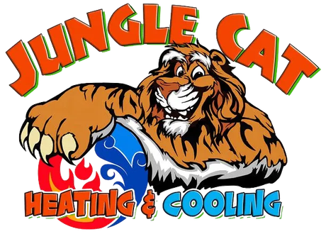 Jungle Cat Heating & Cooling logo: Tiger with paw on blue/red globe, text in orange/green/blue.