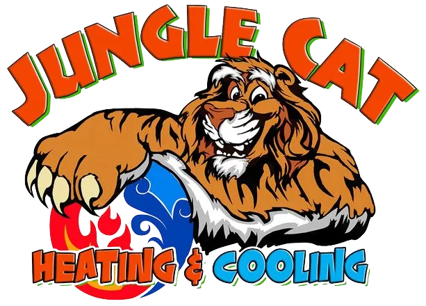Jungle Cat Heating & Cooling logo with a roaring lion, orange and black text, and blue flame graphic