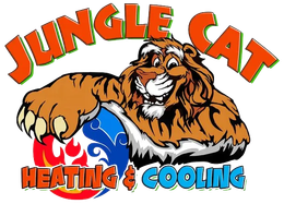Jungle Cat Heating & Cooling logo with a roaring lion, orange and black text, and blue flame graphic