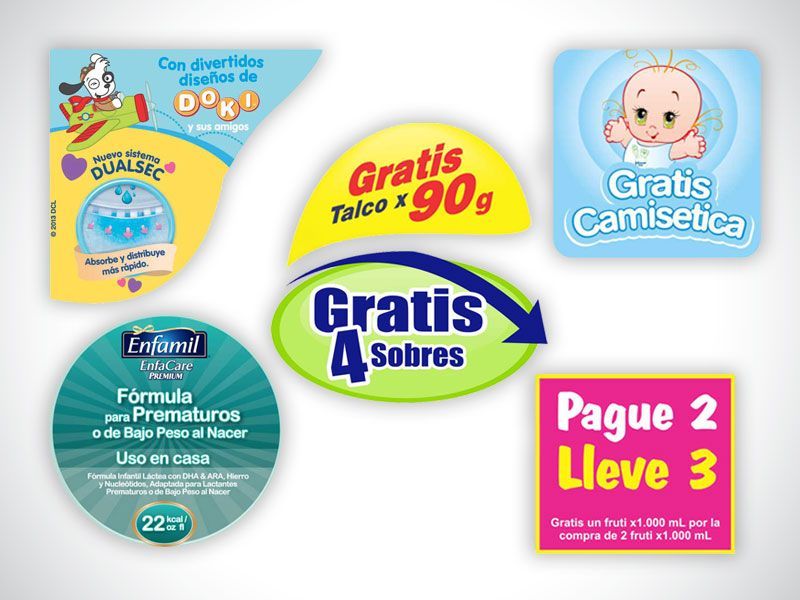 Promoción de productos con “Gratis talco 90g”, “Gratis 4 sobres”, “Gratis camisetas” y “Pague 2 Lleve 3”