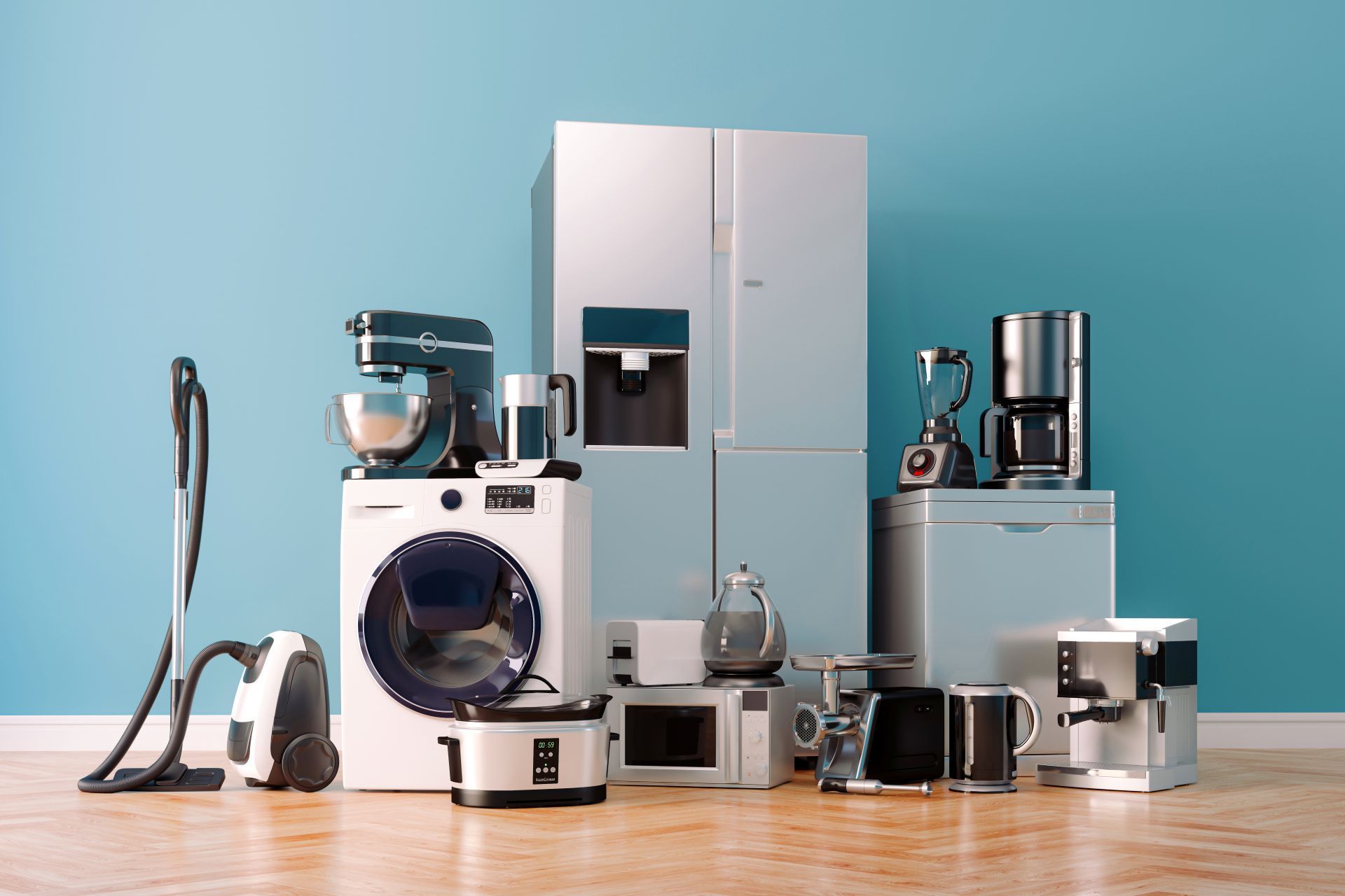 A collection of kitchen appliances: refrigerator, washing machine, blender, coffee maker, microwave.