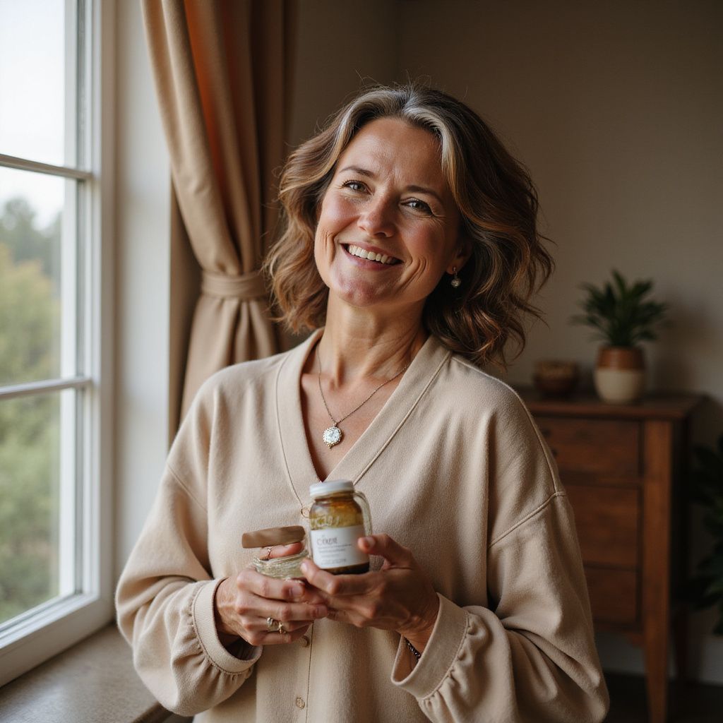 Woman smiling, holding a product jar near a window. Cream-colored sweater, wooden furniture in the background.