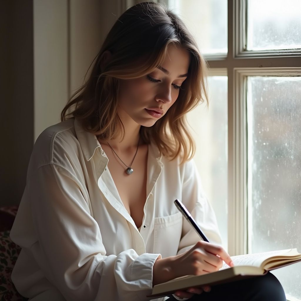 Woman writes in notebook by a window; natural light illuminates her face.