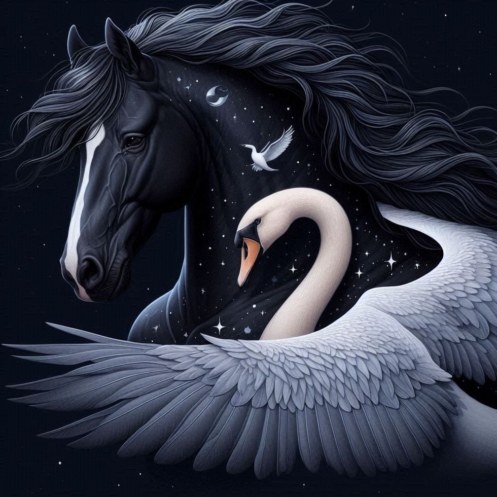 Dark horse with celestial markings and swan with outstretched wings against a starry background.