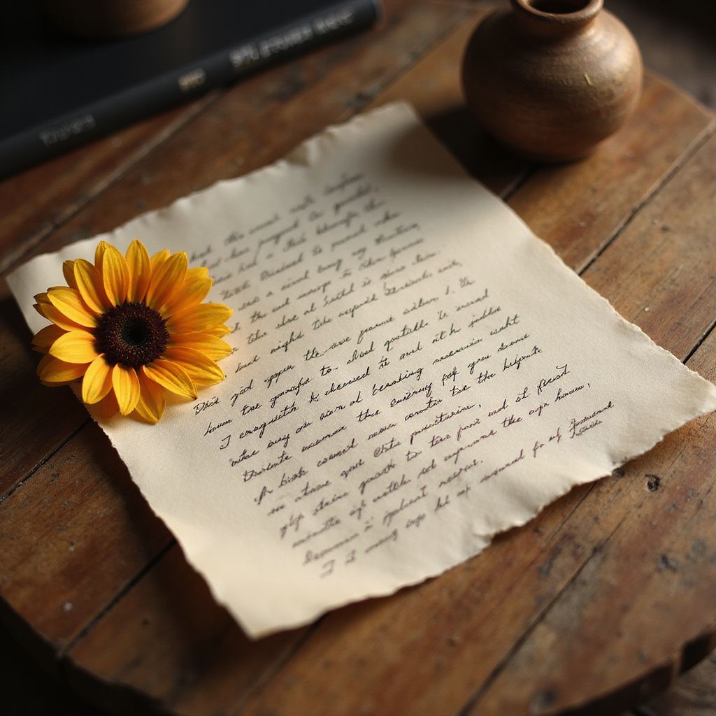 Sunflower on aged paper with handwritten text, resting on a wooden table.