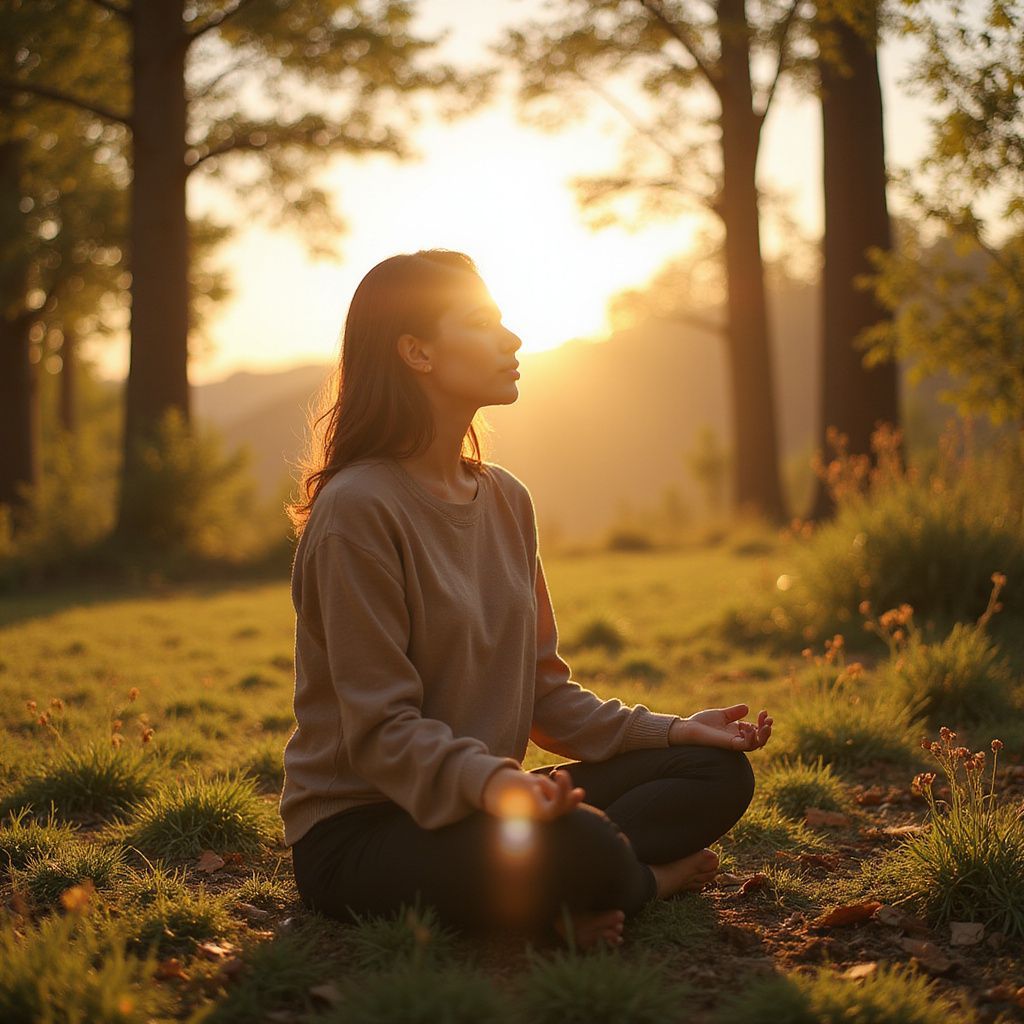 Woman meditating in a forest at sunset with hands in a lotus position.