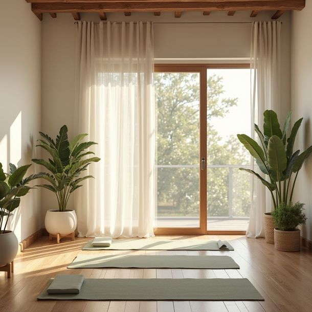 Yoga studio with plants, mats, and sheer curtains by a window. Wooden floors and beams.