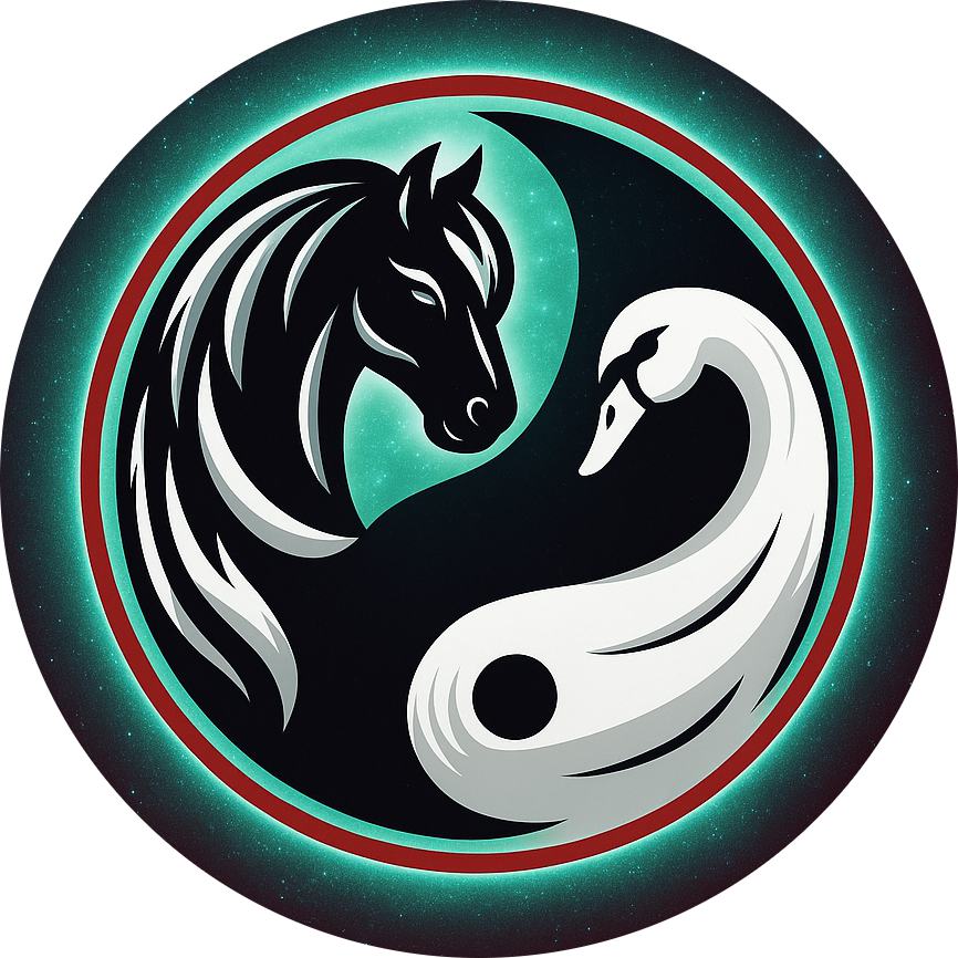 Yin-Yang symbol with a black horse and white swan, teal background.