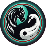 Black horse and white swan in a yin-yang symbol, surrounded by teal and a red-brown border, on a dark background.