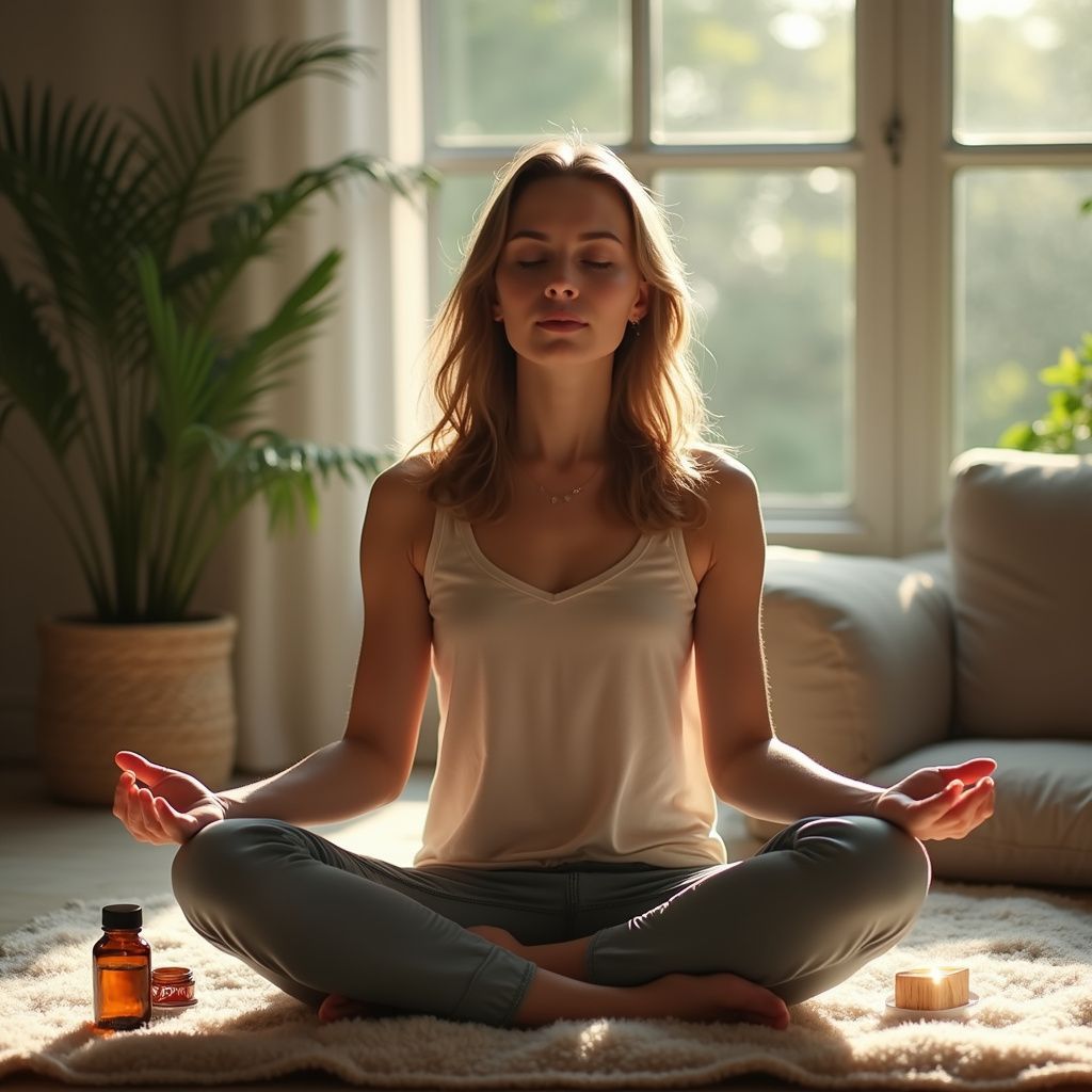 Woman meditating in a sunlit room, eyes closed, hands in prayer pose, on a rug.