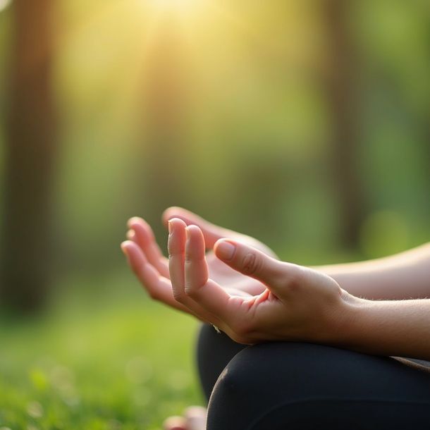 Hands in meditation mudra, outdoors in sunlit green space.