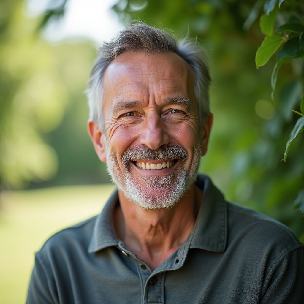 Man with graying hair and beard smiles broadly outdoors, green shirt.